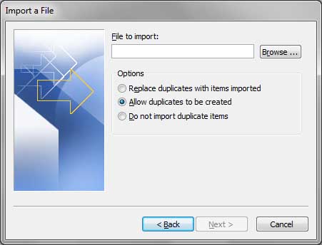 Outlook Window - Select file to import Contacts