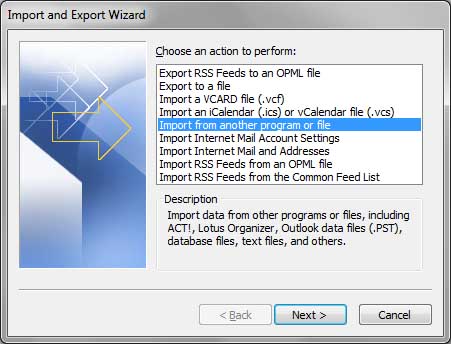 Outlookウィンドウ - 別のプログラムまたはファイルからのインポート