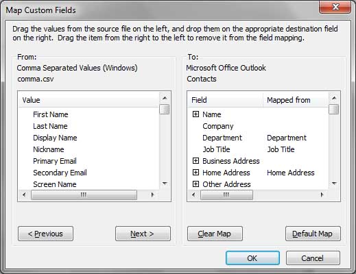 חלון Outlook - שדות לתקשר מנהג מפה