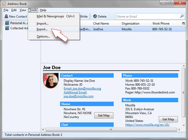 contacts du carnet d'adresses Thunderbird export