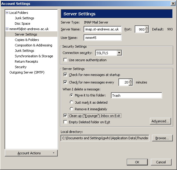 Thunderbird menu Ferramentas | Configurações da conta | Configurações do servidor