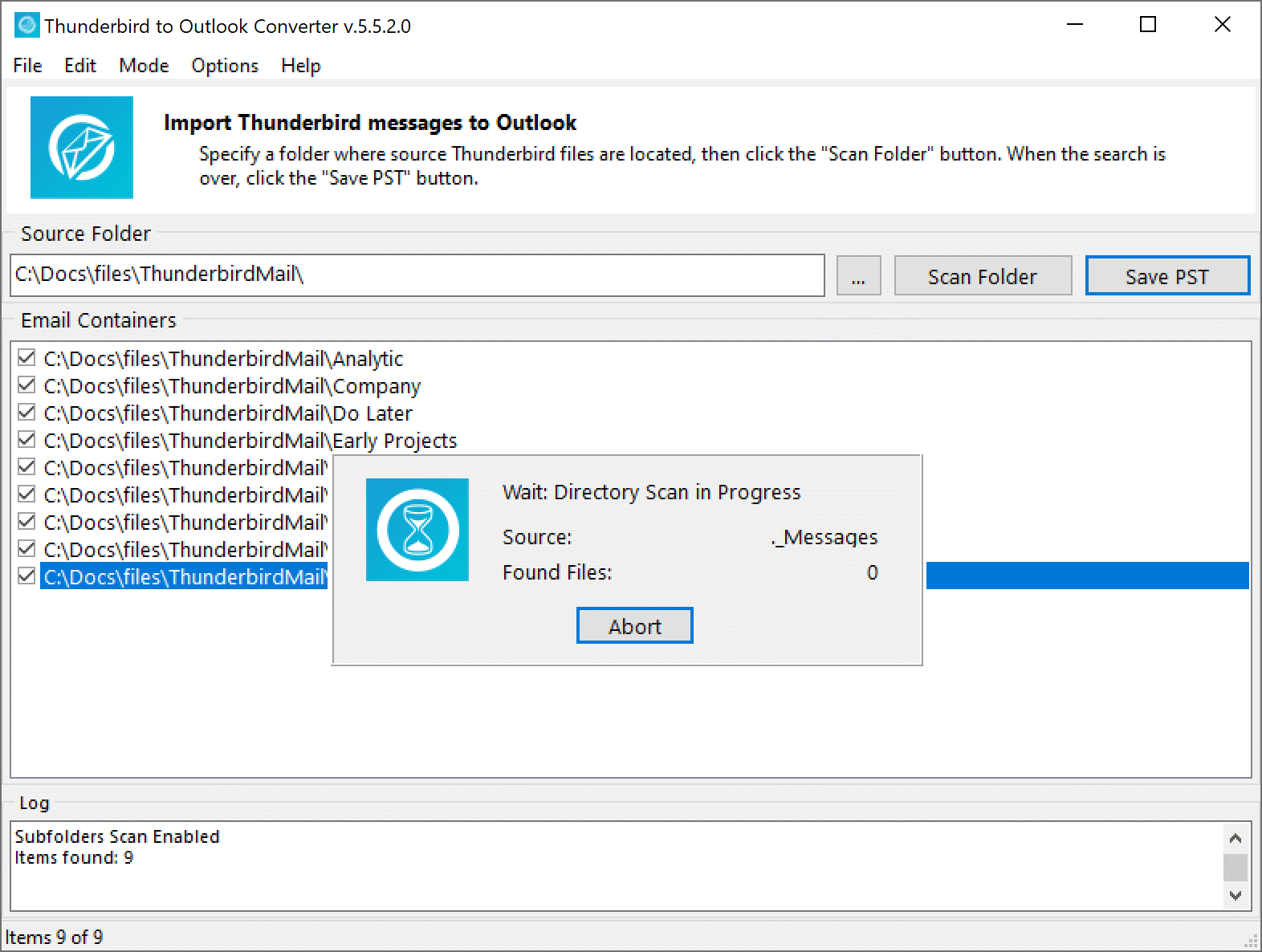 2. Initiate the folder scan to automatically locate all Thunderbird folders and subfolders for conversion.