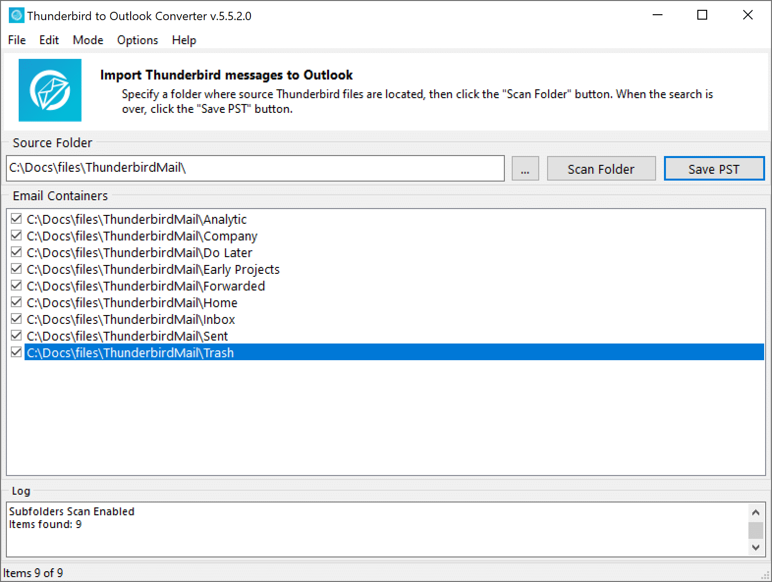 4. Choose which Thunderbird folders to include in the conversion, or uncheck any you want to leave out.