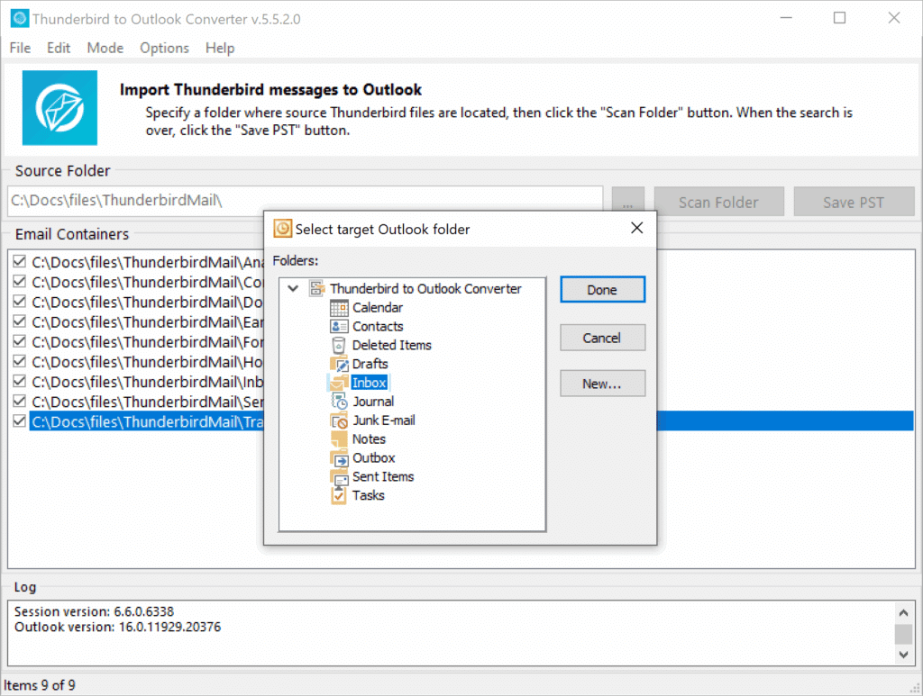 Outlook prompts to select the folder to import Thunderbird emails