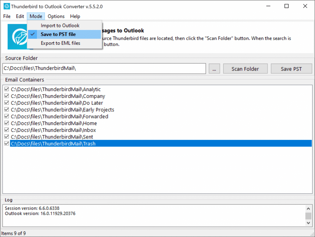 Change Thunderbird Converter mode to Save messages to PST file