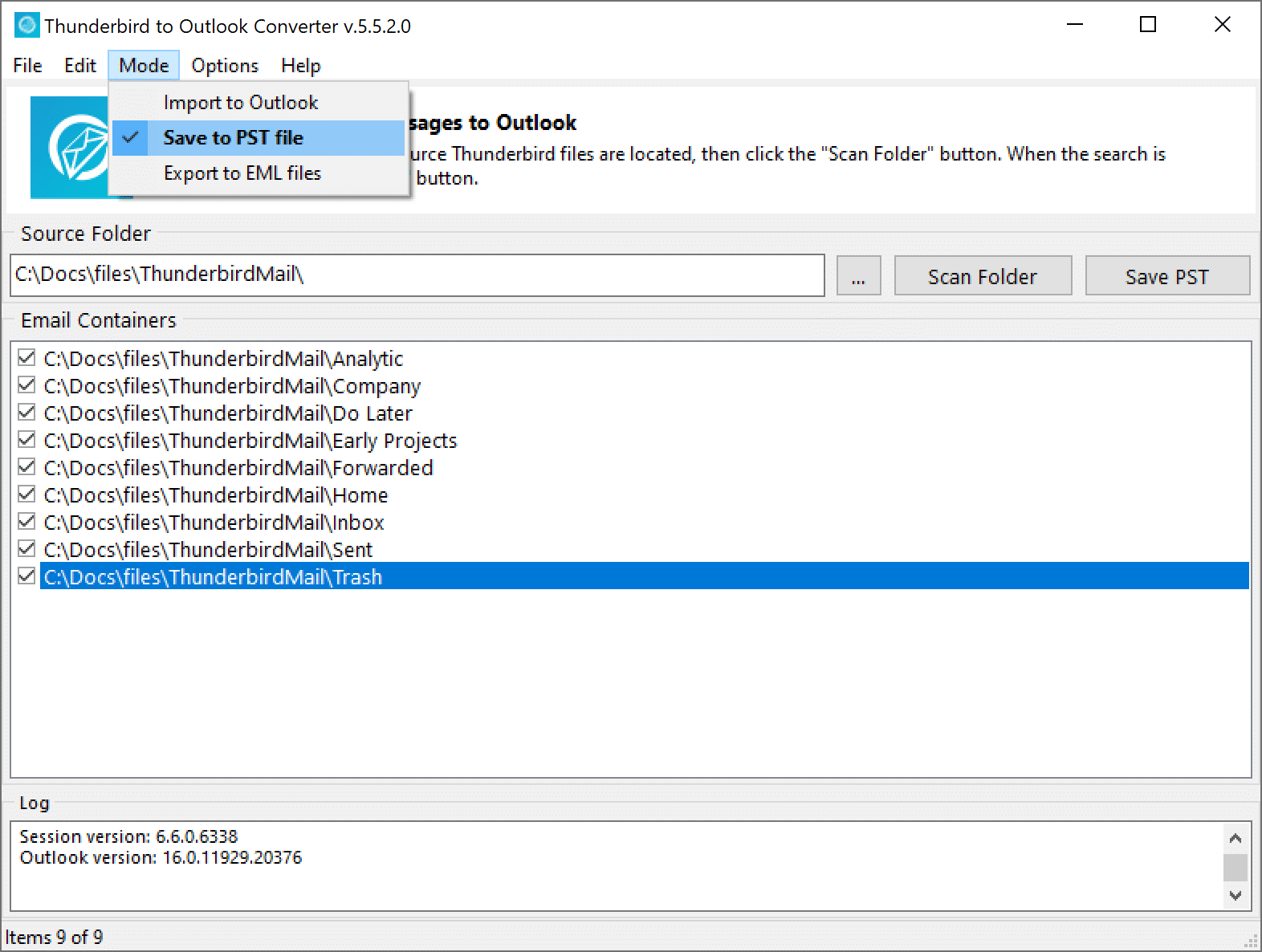 Thunderbird to Outlook Converter interface showing three conversion modes: Save to PST file, Import to Outlook, and Export to EML files.