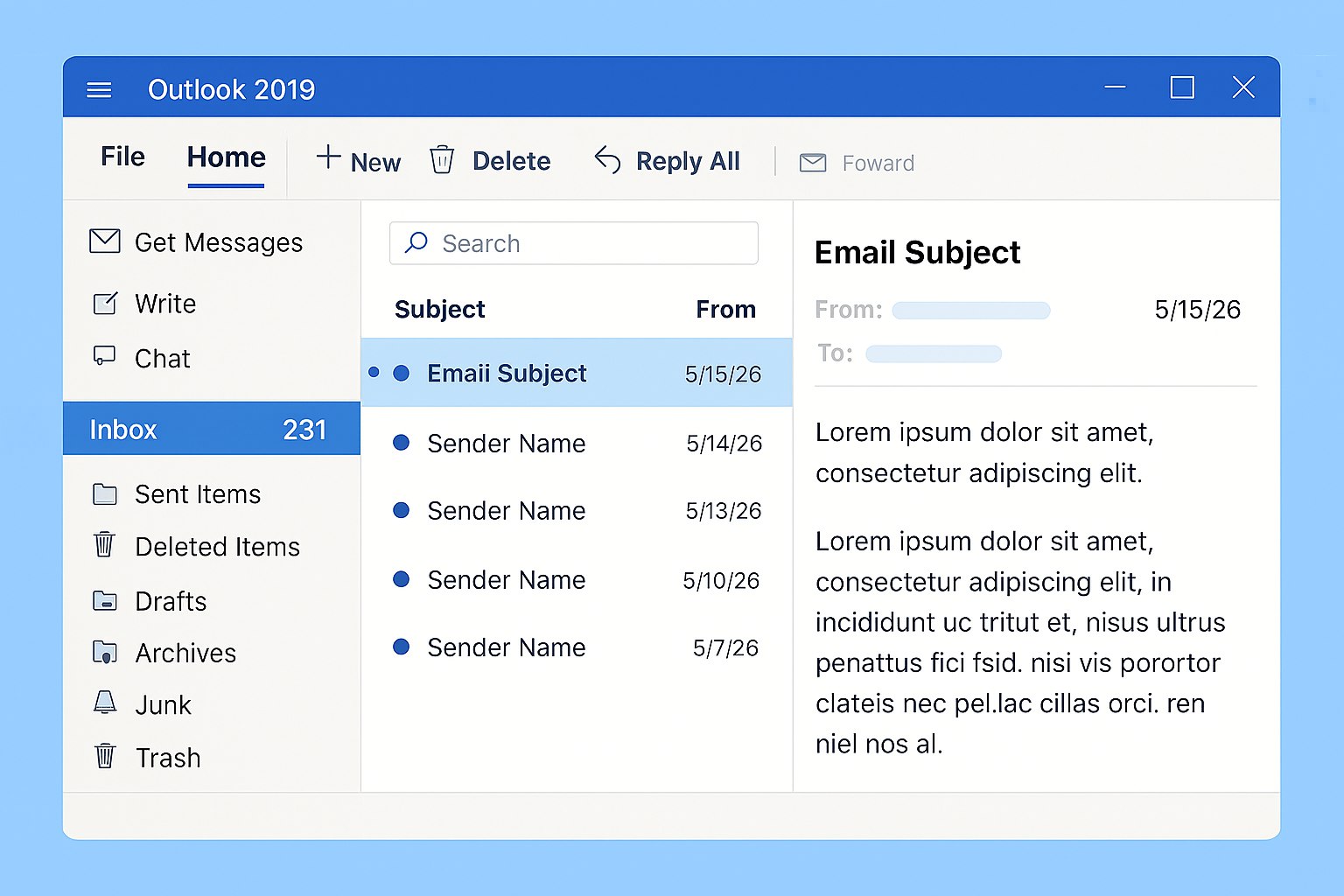 Virtual example of Outlook GUI